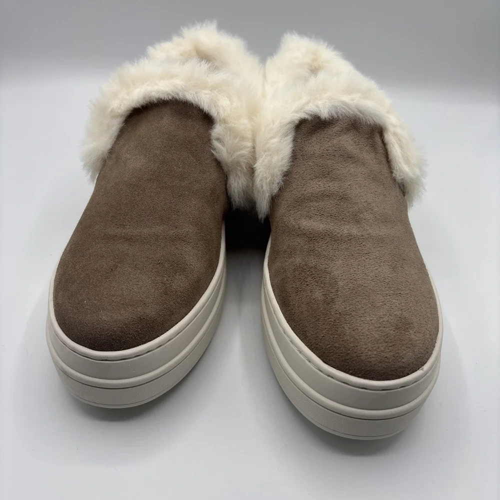J Slides NYC Taupe Suede Neel Fur Trim Slip On Sneaker‎ Size 6M